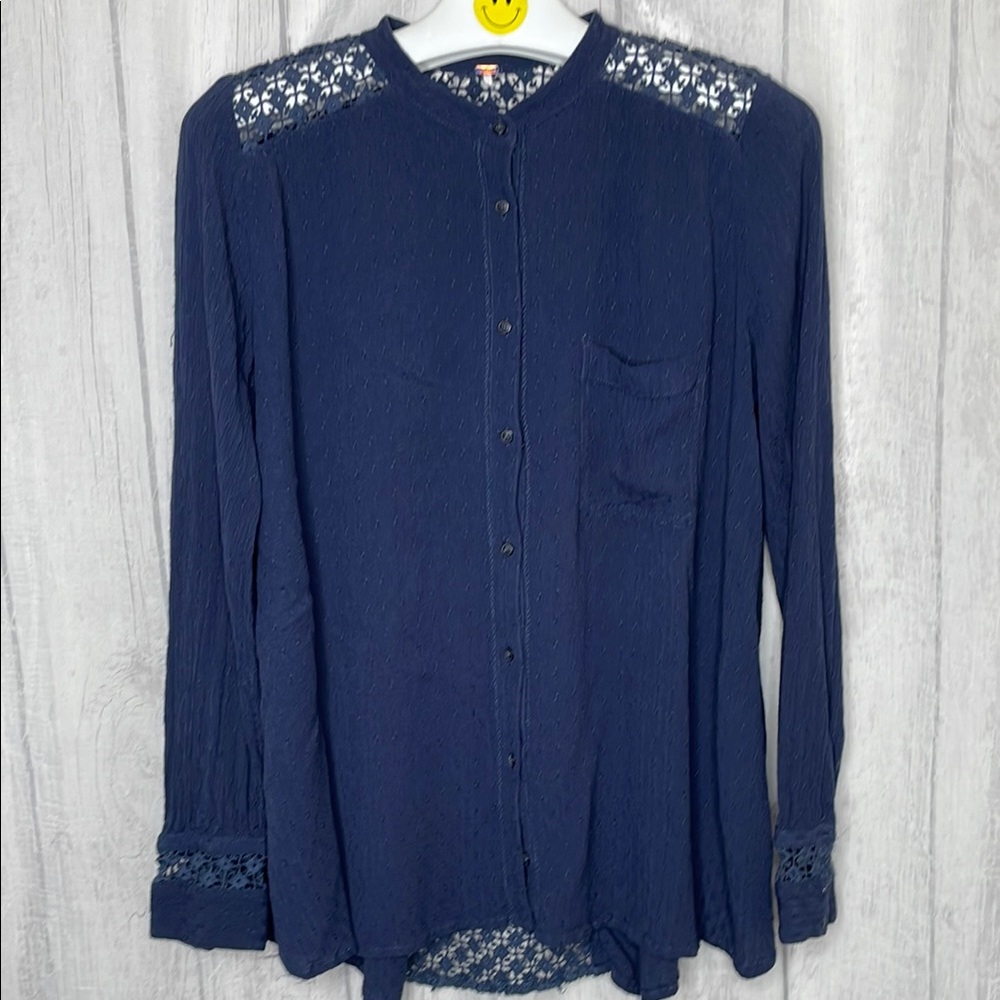 Free People Navy Blue Shirt with Lace Detail